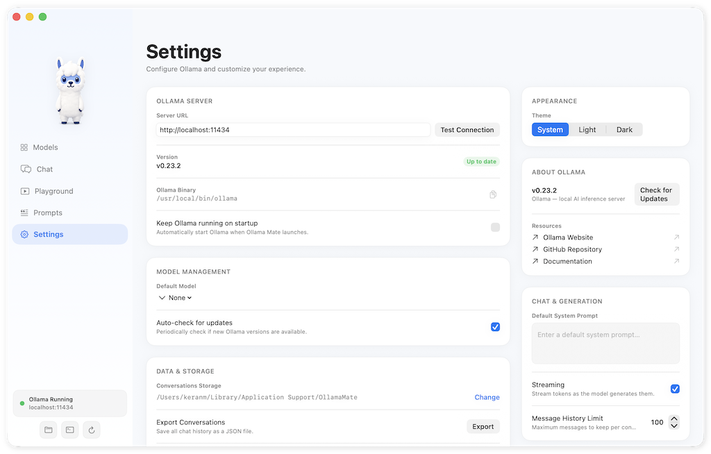 Settings screen